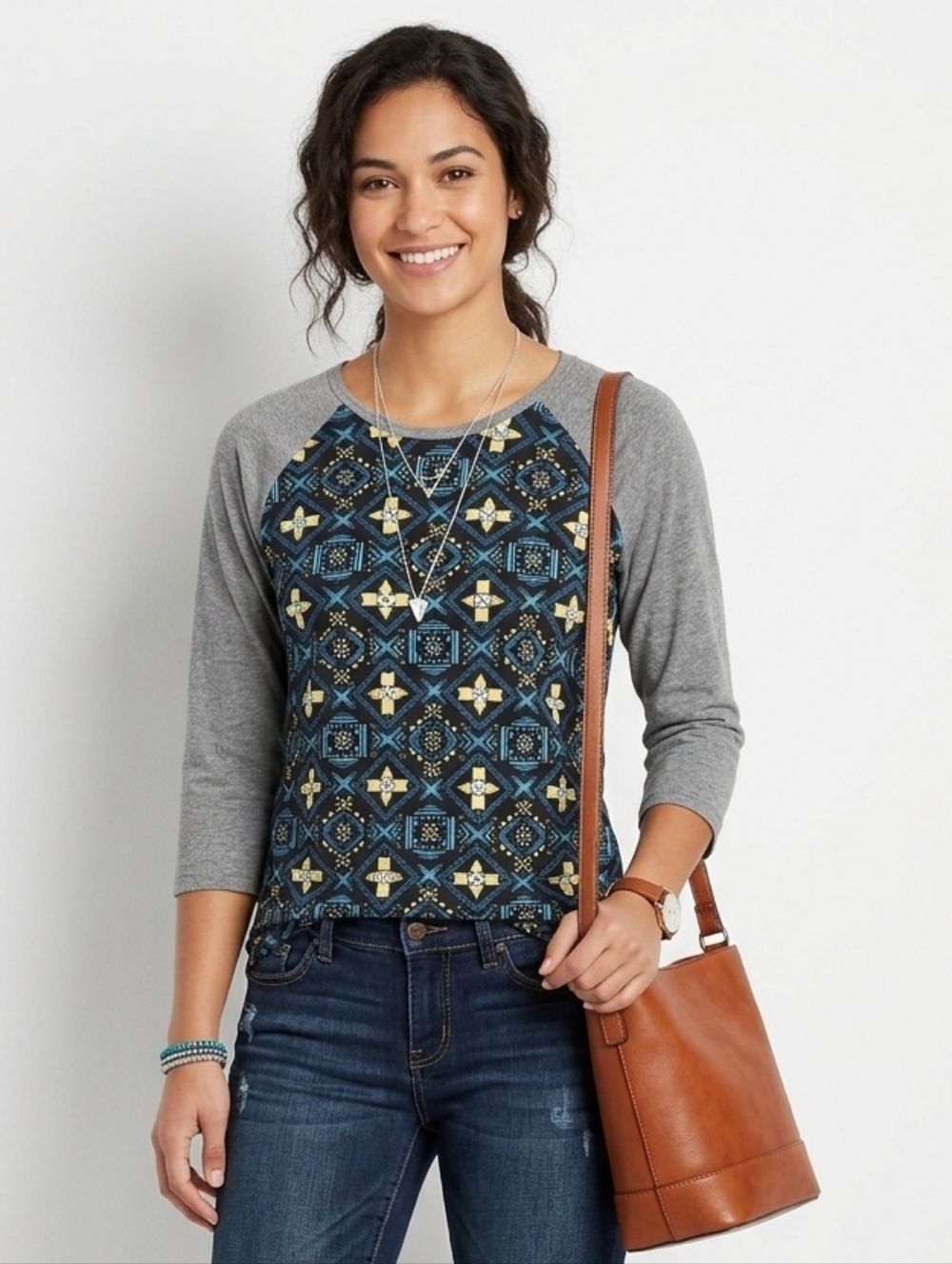 LuLaRoe Grey Sleeve Navy and Yellow Geometric Raglan Top